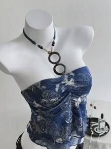 Elamini Blusa de mujer convertible tipo tubo/halter con estampado floral vintage, para primavera/verano