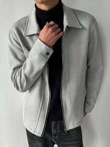 Manfinity Homme Men's Solid Color Zip-Up Casual Loose Light Grey Jacket,Autumn Fall Work Jackets For Men,Silver Grey Zip Up Casual Jacket - Light Grey - View 6