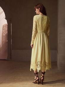 MOTF PREMIUM GUIPURE LACE PANEL ZIPPER BACK FLARE HEM DRESS - Yellow - View 3