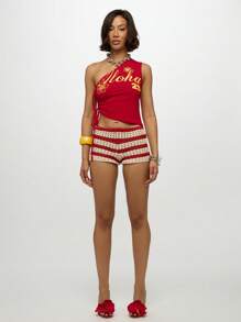 SUMWON WOMEN شورت كروشيه مخطط للشاطئ, شورتات كروشيه مرتفعة الخصر, ملابس شاطئية لأعياد أعراس جزر الصيف والعطلات في هاواي, رداء للسباحة مصنوع من الكروشيه