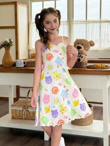 SHEIN 少女蓬松怪物图案印花吊带睡衣 - 米色 - 查看 7