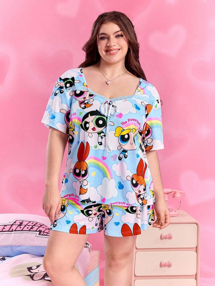 THE POWERPUFF GIRLS X SHEIN 大码女式夏季卡通彩虹印花甜心领口前系带撞色蕾丝上衣和短裤睡衣套装飞天小女警睡衣女装卡通睡衣女装飞天小女警睡衣女装 Y2K 服装 - 彩色 - 查看 3