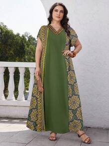 Al Najma 大码女式花卉印花V领短袖宽松休闲度假连衣裙