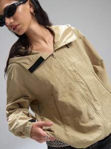 LYSMO Áo khoác gió trơn dài tay có khóa kéo phía trước dành cho nữ, chất liệu vải không co giãn, quần áo thu đông cho nữ - Màu Khaki - Xem 7