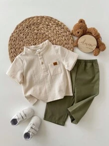 SHEIN 2 件套男婴/女婴可爱休闲学院风短袖衬衫和松紧腰裤套装，适合生日派对、晚会、表演、婚礼、婴儿洗礼和 1 岁生日庆祝活动 - 彩色 - 查看 4