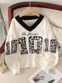 SHEIN Suéter holgado de manga larga, cuello en V, estilo callejero informal para niña preadolescente, con estampado de leopardo y logo de LA - Albaricoque - Ver 3