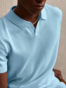 Manfinity Homme Men 2pcs Solid Color Short Sleeve Top And Pocket Shorts Knitwear Set - Blue - View 5