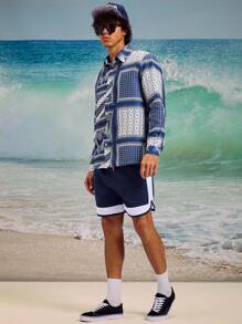 Surfspeed Men Patchwork Print Shirt & Shorts Beach Outfit Set - Black and White - View 4