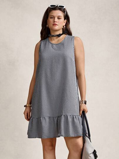 Comfylo Plus Size Texture Black And White Grid Printed Short Sleeve Round Neck Dress Navycore Outfits
