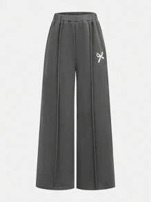 Tween Girls Casual Bow Print Knit Solid Color Loose Dropped Shoulder Long Sleeve Hoody And Wide Leg Sweatpants Set Teen Girls Clothing Sets Teen Sweatsuit Set Girls 2 Piece Outfits Tween Girls Sweatsuit Set Sweat Sets For Tweens Fall Winter - Grey - View 10