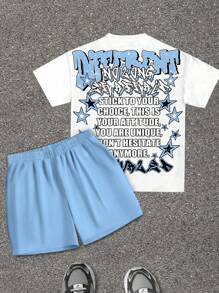 SHEIN 2pcs Tween Boy Casual Fashionable Cool Vintage Engraved Portrait, Star, Slogan Print Crew Neck Short Sleeve T-Shirt And Shorts Set, Summer