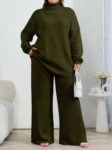 EURMUSE 2pcs High Neck Drop Shoulder Sweater And Ribbed Solid Color Sweater Pants - Army Green - View 1