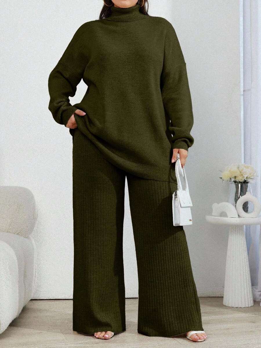 EURMUSE 2pcs High Neck Drop Shoulder Sweater And Ribbed Solid Color Sweater Pants - Army Green - View 1