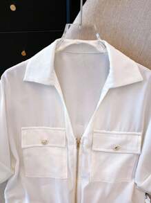 Franclia Áo sơ mi nữ cổ chữ V màu trơn có dây rút khóa kéo, mùa hè - trắng - Xem 5