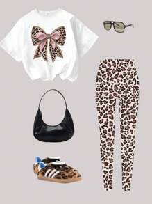 SHEIN GraphicGems Set de 2 piezas de camiseta de manga corta con estampado de leopardo con lazo similar a rhinestone y leggings de estilo casual para niñas preadolescentes, para verano