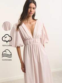 Nöista 粉色条纹泡泡袖长裙，深V领，露背系带设计。优雅气质，是海滩度假或美国独立日造型的理想之选。充满女性魅力，是机场装或夏季造型的完美之选。 - 粉色 - 查看 1