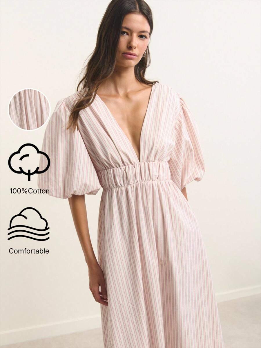 Nöista 粉色条纹泡泡袖长裙，深V领，露背系带设计。优雅气质，是海滩度假或美国独立日造型的理想之选。充满女性魅力，是机场装或夏季造型的完美之选。 - 粉色 - 查看 1