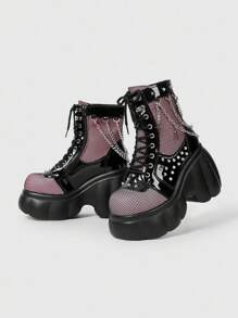 ROMWE Grunge Punk 女士黑粉撞色圆头坡跟哥特朋克暗黑铆钉链条踝靴，万圣节 - 彩色 - 查看 4