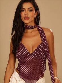 Denimoi Sheer Mesh Polka Dot Backless Halter Top With Scarf, Going Out - Brown - View 4