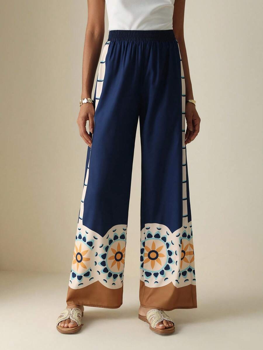 Lyxana Women Elastic Waist Placed Floral Wide Leg Pants Fall Cloth For Women - Multicolor - View 1