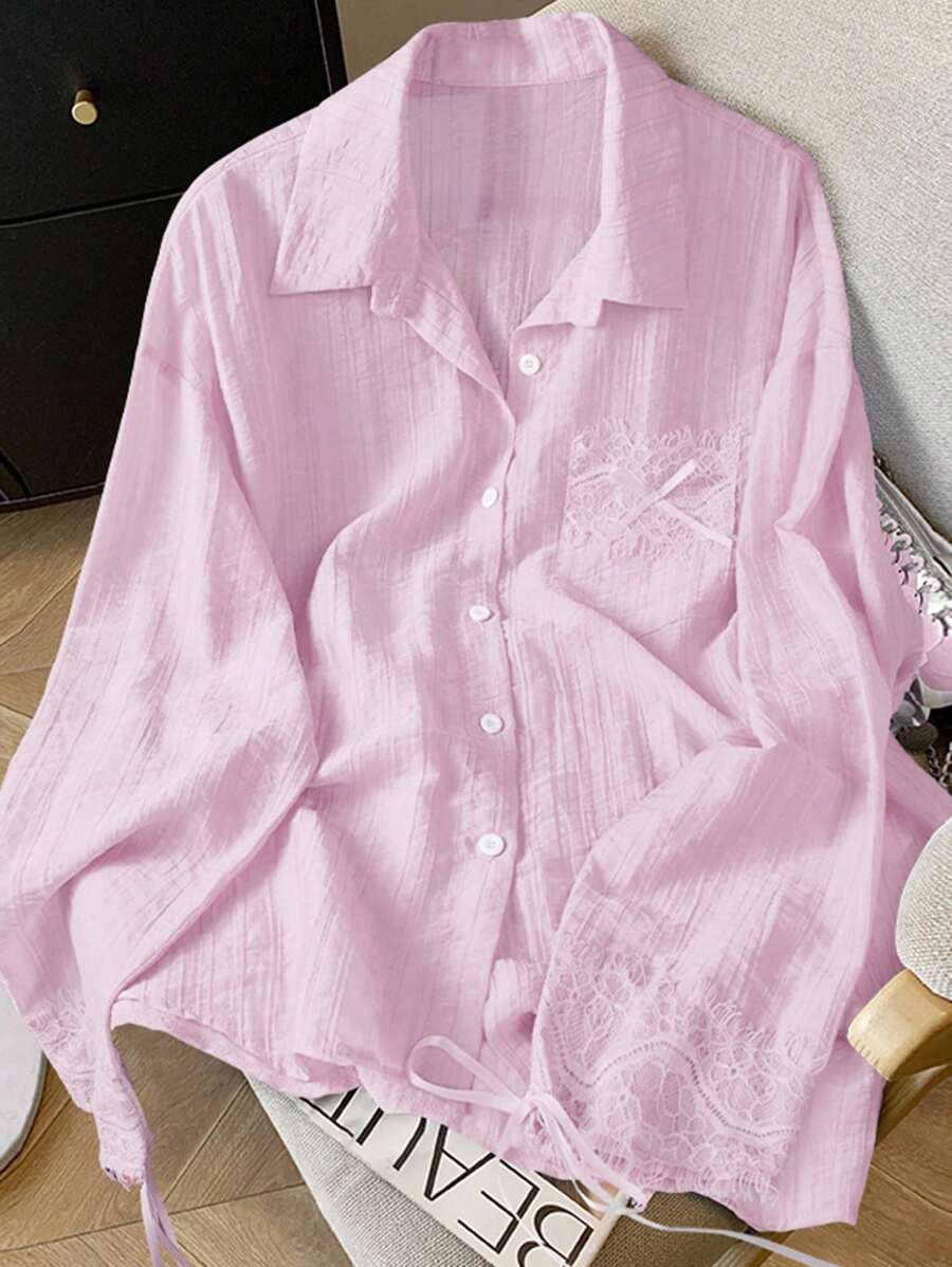 SHEIN Clasi 女士优雅精致纯色蕾丝拼接衬衫 - 粉色 - 查看 1
