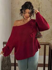 SHEIN VCAY Plus Size Women's Solid Color Voluminous Floral Decor Oblique Shoulder Pullover Sweater In Fall/Winter - Burgundy - View 1