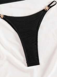 SHEIN Bộ bikini gợi cảm buộc dây màu trơn đi biển mùa hè cho nữ, có trang trí sao biển bằng kim loại - màu đen - Xem 4