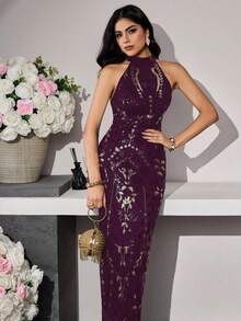 Modelyn Đầm dạ hội sang trọng thêu sequin thanh lịch dành cho nữ - Bold Plum - Xem 5