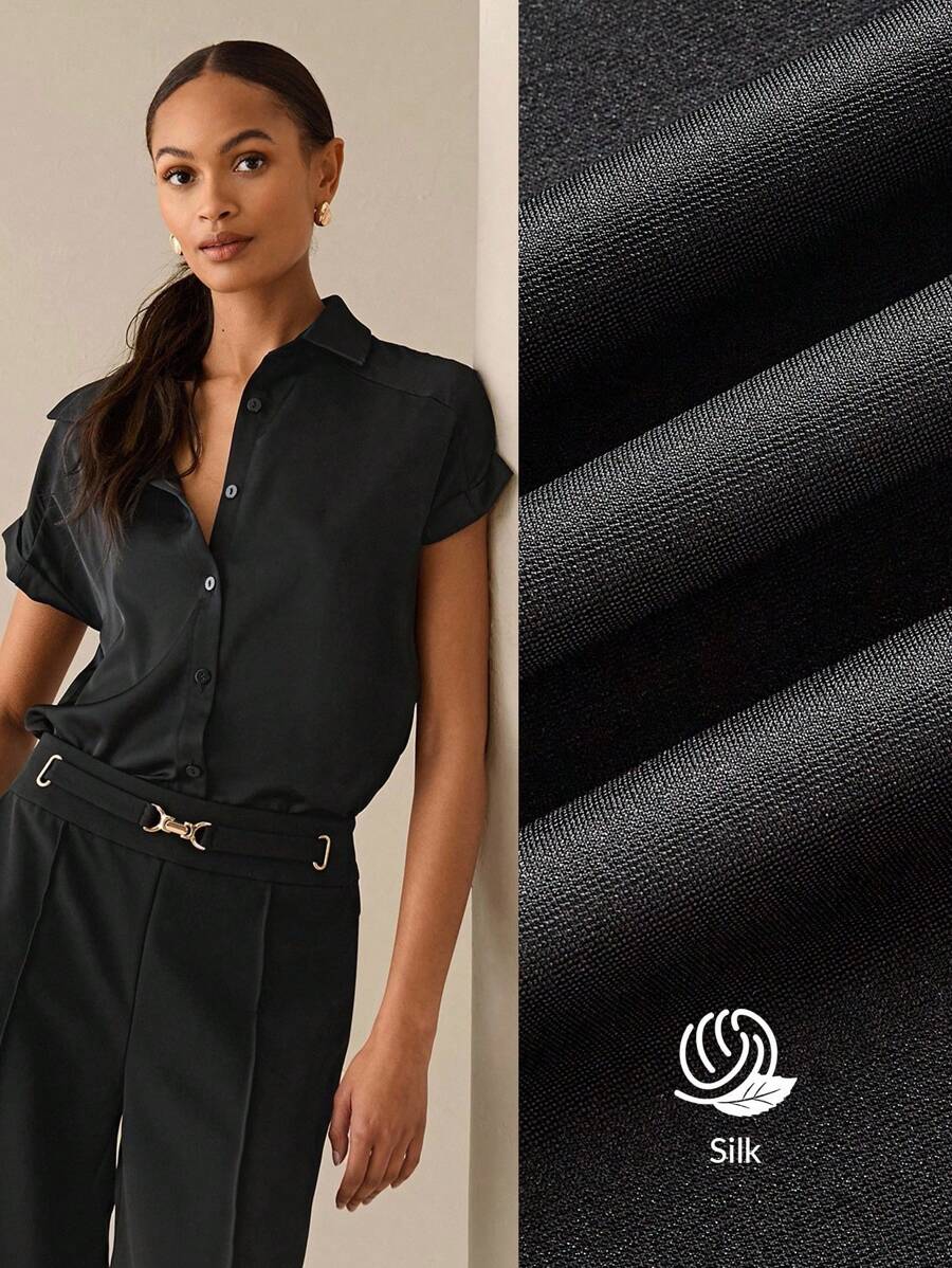 Lilora Camicia a maniche corte da donna di colore unito, alla moda per bluse da donna estive, camicia nera elegante per uscire, adatta per uscite urbane ed eleganti, per uso quotidiano e feste, adatta per l'estate e la primavera per le signore