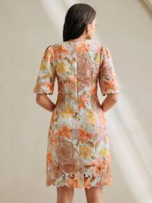 Anewsta Rochie de damă cu decolteu în V, mâneci scurte și bufante, talie înaltă, linie A, dantelă solubilă în apă, imprimeu floral, potrivită pentru vară, festivaluri, sărbători, vacanță, elegantă