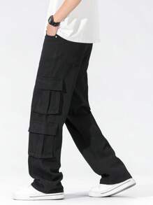 Teen Boy Casual Black Straight Leg Cargo Jeans Thanksgiving , School, Campus, College Chic For Autumn/Winter Fall - Black - View 7