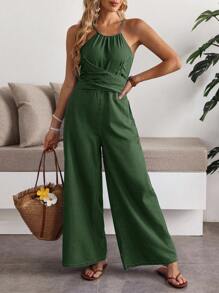 Breezaya 女式夏季休闲褶皱纯色抽绳无袖连体裤 - 綠色 - 查看 4