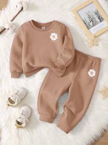 SHEIN 女婴休闲简约针织柔软套头衫宽松长袖运动衫和裤子套装，适合秋冬季