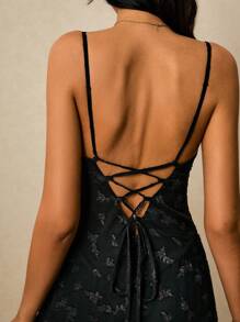 Vestido midi elegante sin mangas con cintura drapeada y estampado floral jacquard para mujeres en verano - Negro - Ver 4