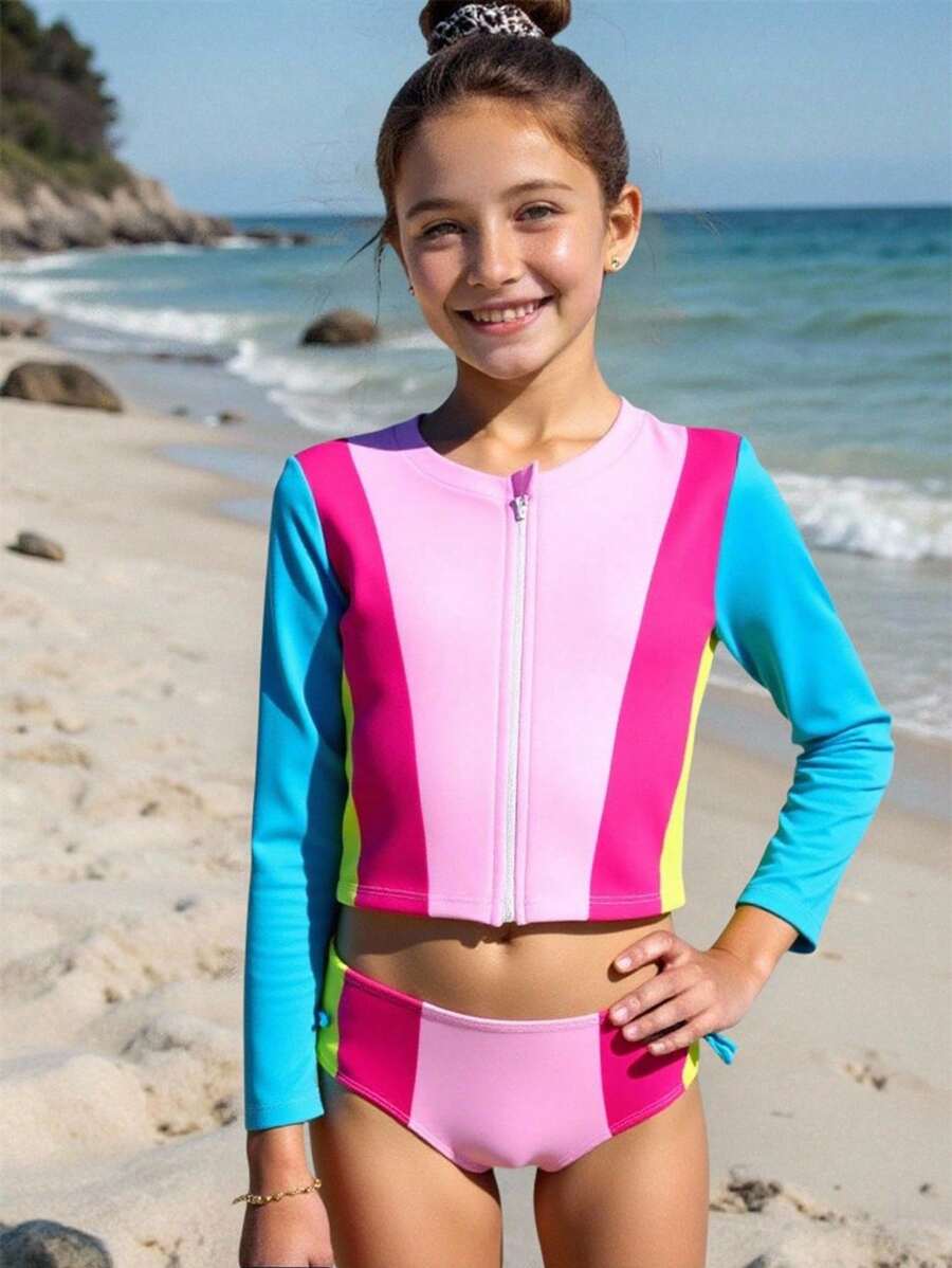 Tween Girls Colorful Printed Splicing Long Sleeve Swimsuit Set, Sun Protection Beach Swimwear - Multicolor - View 1