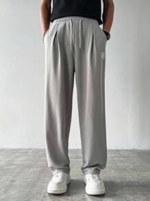 Manfinity Hypemode 男士休闲街头时尚字母和星星印花抽绳腰部宽松直筒运动裤 - 灰色 - 查看 5