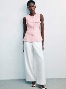 Maija 女士粉色和金色编织粗花呢面料百搭无袖圆领西装外套，办公室/休闲/商务西装外套 - 淺粉色 - 查看 7