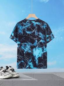 SUPERMAN X SHEIN Camiseta de manga corta ajustada con estampado de relámpago oscuro y letras inglesas de superhéroe para niño preadolescente, primavera/verano - Negro - Ver 3