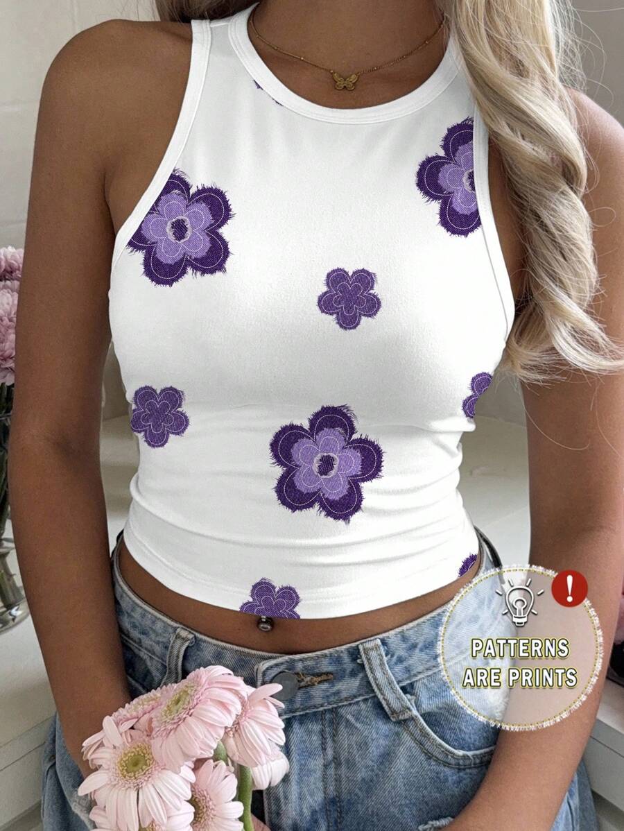 Mulvari 花卉图案圆领紧身女式背心，适合夏季 - 彩色 - 查看 1