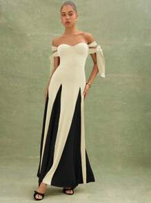 L'Amorae Elegant & Fashionable Color-Blocking Off-Shoulder Women's Dress With Waist Definition