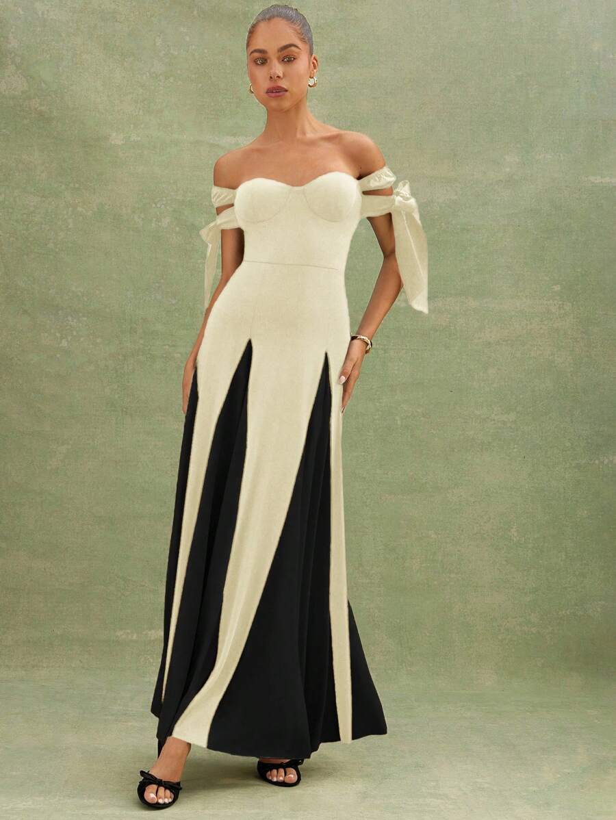 L'Amorae Elegant & Fashionable Color-Blocking Off-Shoulder Women's Dress With Waist Definition