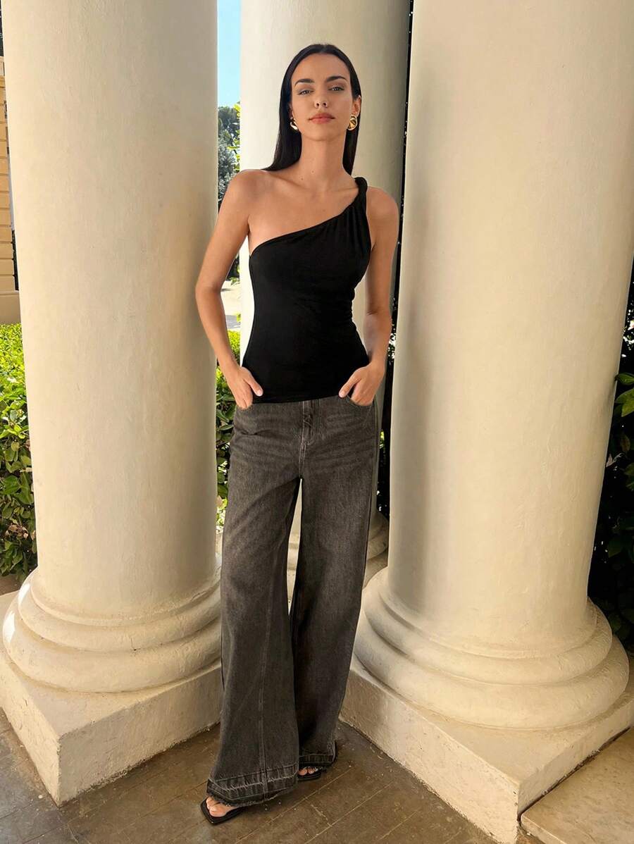 Maija 2025秋冬新款黑色不对称剪裁露肩扭绳露肩女式上衣，时尚休闲都市优雅浪漫商务休闲现代日常办公派对海滩音乐节婚礼宾客早午餐街头Y2K复古返校秋冬女装生日万圣节 - 黑色 - 查看 1