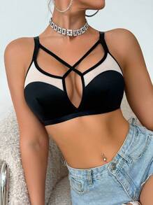 SHEIN Sutien fără fereastră pentru femei, cu decupaj încrucișat, blocuri de culoare, 1 buc. - Negru - Vizualizare 6