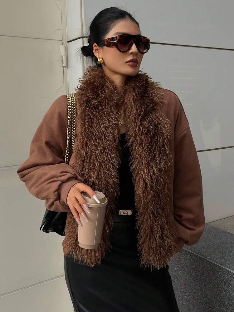 Women's Loose Casual Street Style Plush Patchwork Short Jacket, Thick Thermal Lining, Autumn/Winter Women Coats