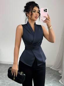 Elenzga 女士优雅办公室商务休闲无袖衬衫，有领，交叉系带腰部，褶皱后腰蝴蝶结下摆开叉，适合通勤、办公室、下午茶、派对、春夏季 - 藏蓝色 - 查看 1