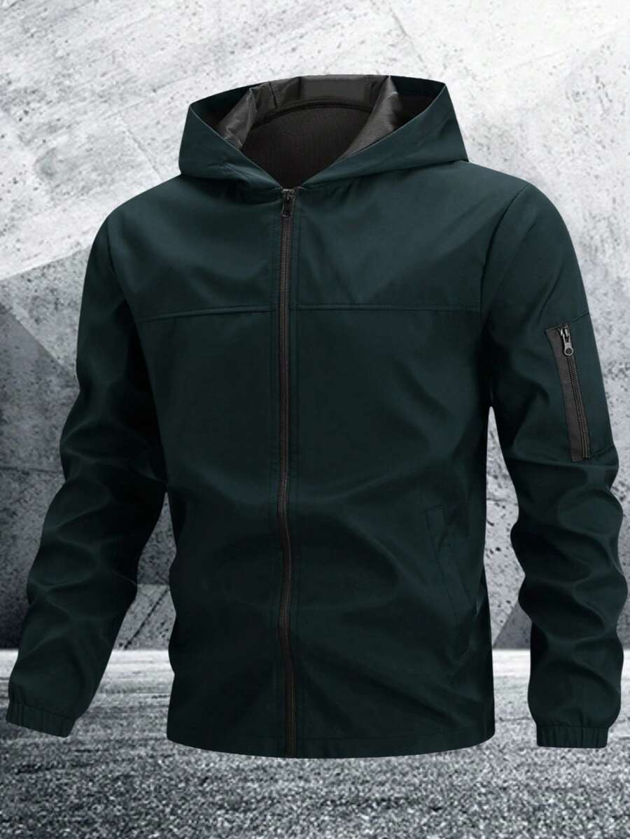 Manfinity Homme Chaqueta casual con capucha y cremallera de manga larga para hombre, cortavientos de uso exterior de color verde oscuro, para otoño - Verde - Ver 1