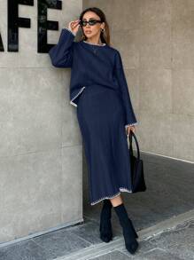 SHEIN Cottnline Women Solid Color Rib Knit Handmade Stitch Detailed Sweater & Sweater Skirt Set,Petite,Winter Clothes - Navy Blue - View 7