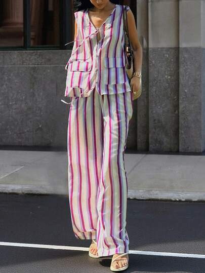 2 件套女士休闲条纹吊带背心和裤子套装