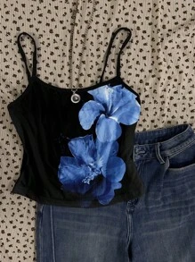 SHEIN EZwear Vintage Style Vacation Blue Floral Print Sexy Spaghetti Strap Women Tank Top, Suitable For Summer Flower Tank Top Suitable For Going Out - Multicolor - View 7