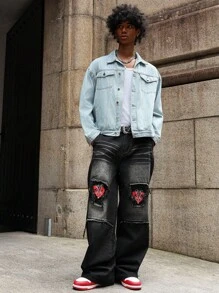 PAVTROS Manfinity Streetrush 男士条纹提花休闲宽松单排扣牛仔夹克浅蓝色条纹夹克，秋季 - 淺色水洗藍 - 查看 3